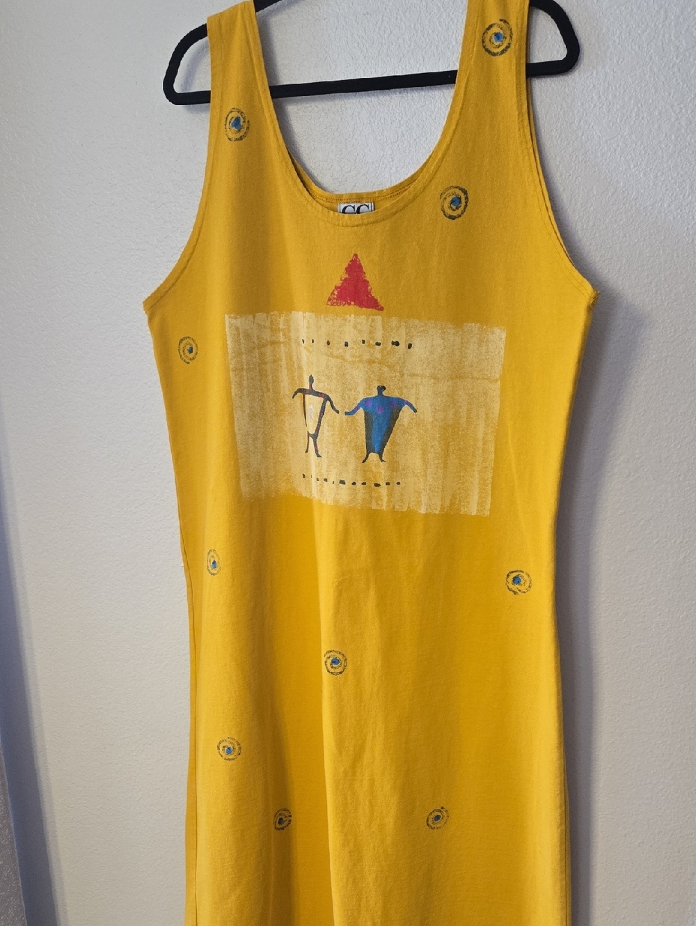 Vintage Yellow Graphic High-Low Tank Dress with Multicolor Motif